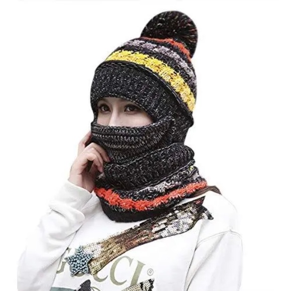 Hat with Mask combo Black Multi Color Winter Hat Pom Pom Beanie Fleece lined - Picture 4 of 4